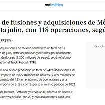 El mercado de fusiones y adquisiciones de Mxico crece un 12% hasta julio, con 118 operaciones, segn TTR